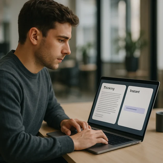 Professional comparing ChatGPT Thinking vs Instant results on a laptop screen
