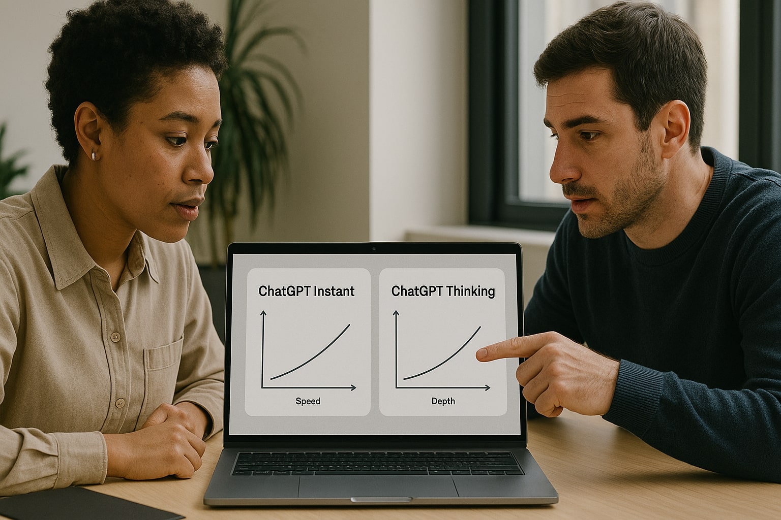 Two colleagues reviewing ChatGPT Thinking vs Instant overview on a laptop