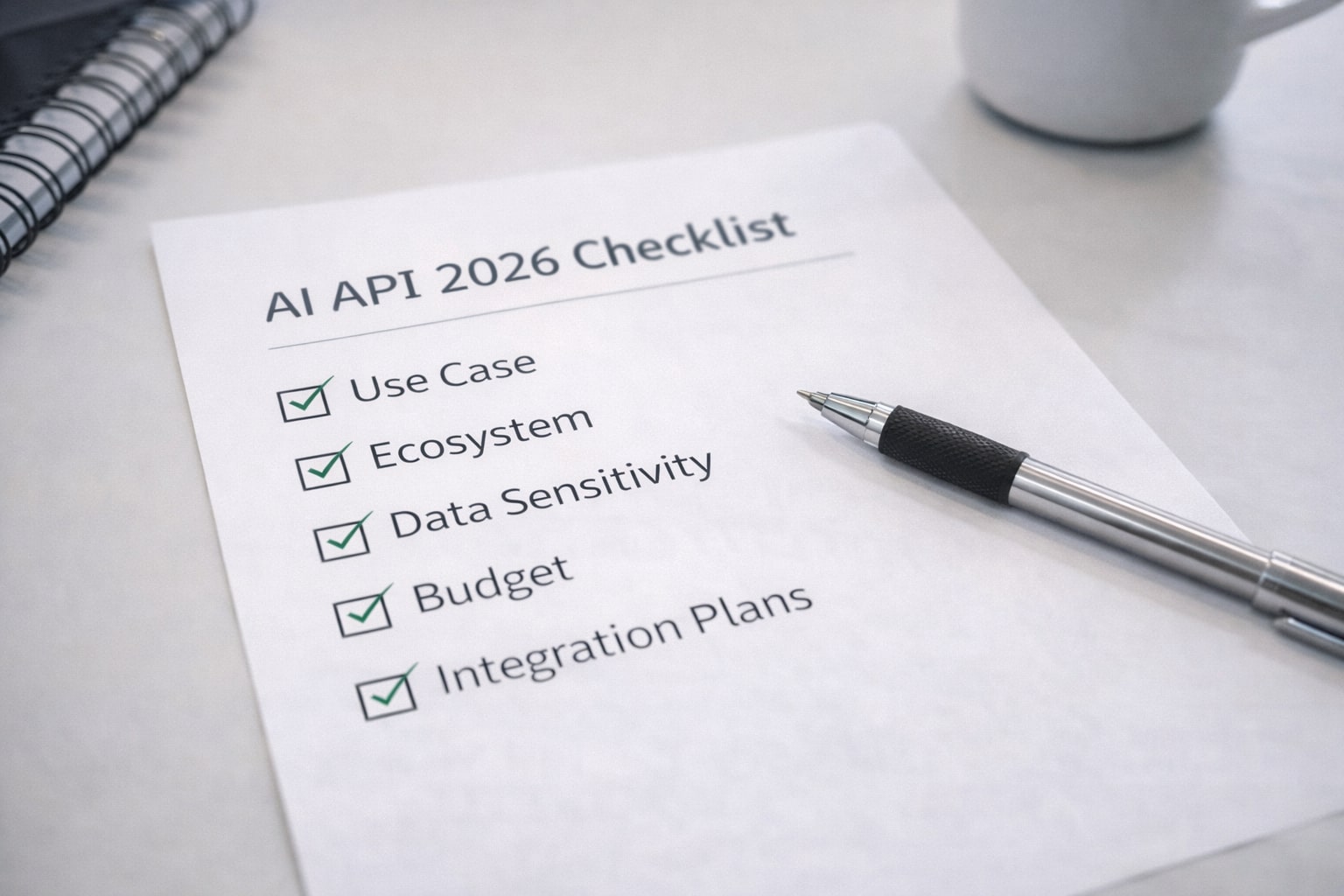 Checklist pemilihan API AI 2026 di atas meja kerja dengan beberapa poin sudah dicentang
