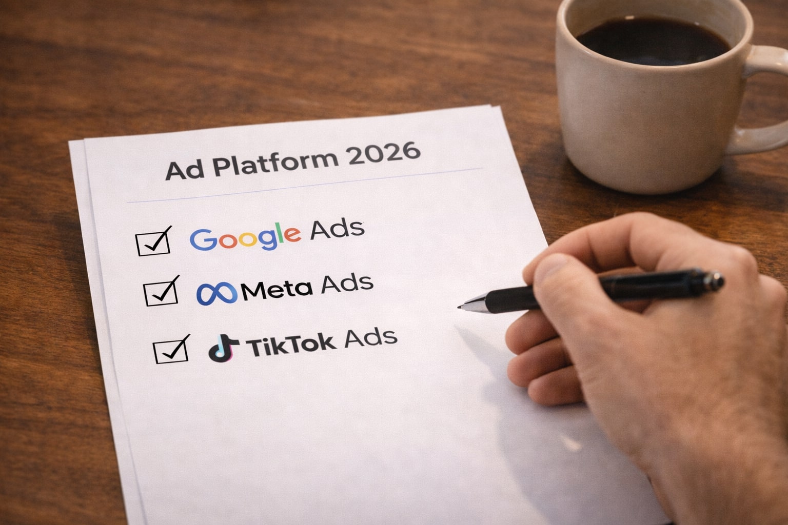 Marketer mengisi checklist pemilihan platform iklan 2026 di meja kerja