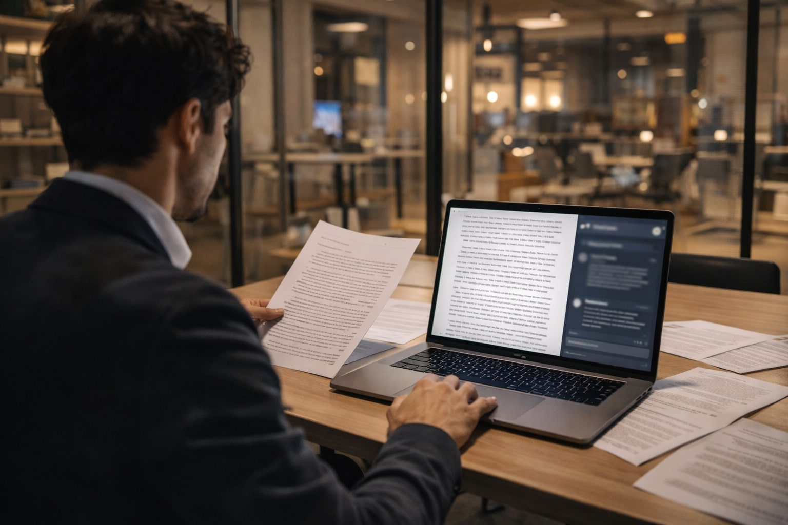 Profesional hukum meninjau dokumen panjang dengan bantuan asisten AI di laptop