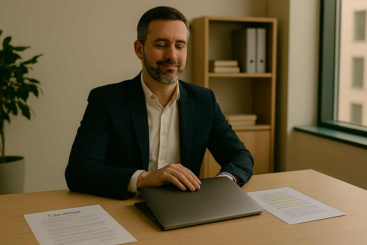 Business owner closing a laptop next to legal documents and a checklist after reviewing ElevenLabs voice cloning rules