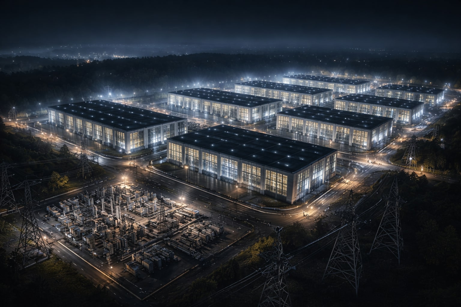 Kompleks data center besar menyala di malam hari dengan jaringan listrik di latar depan