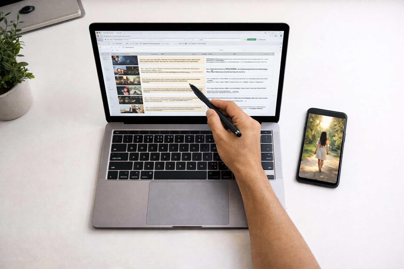 Template spreadsheet prompt Dreamina AI terbuka di laptop dengan pratinjau video di ponsel