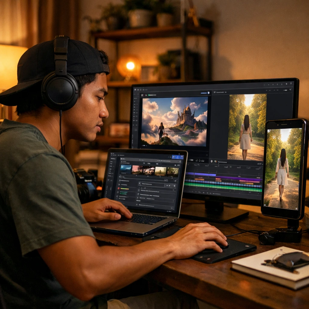 Kreator Indonesia mengedit video AI Dreamina dan CapCut di laptop dalam studio rumahan modern