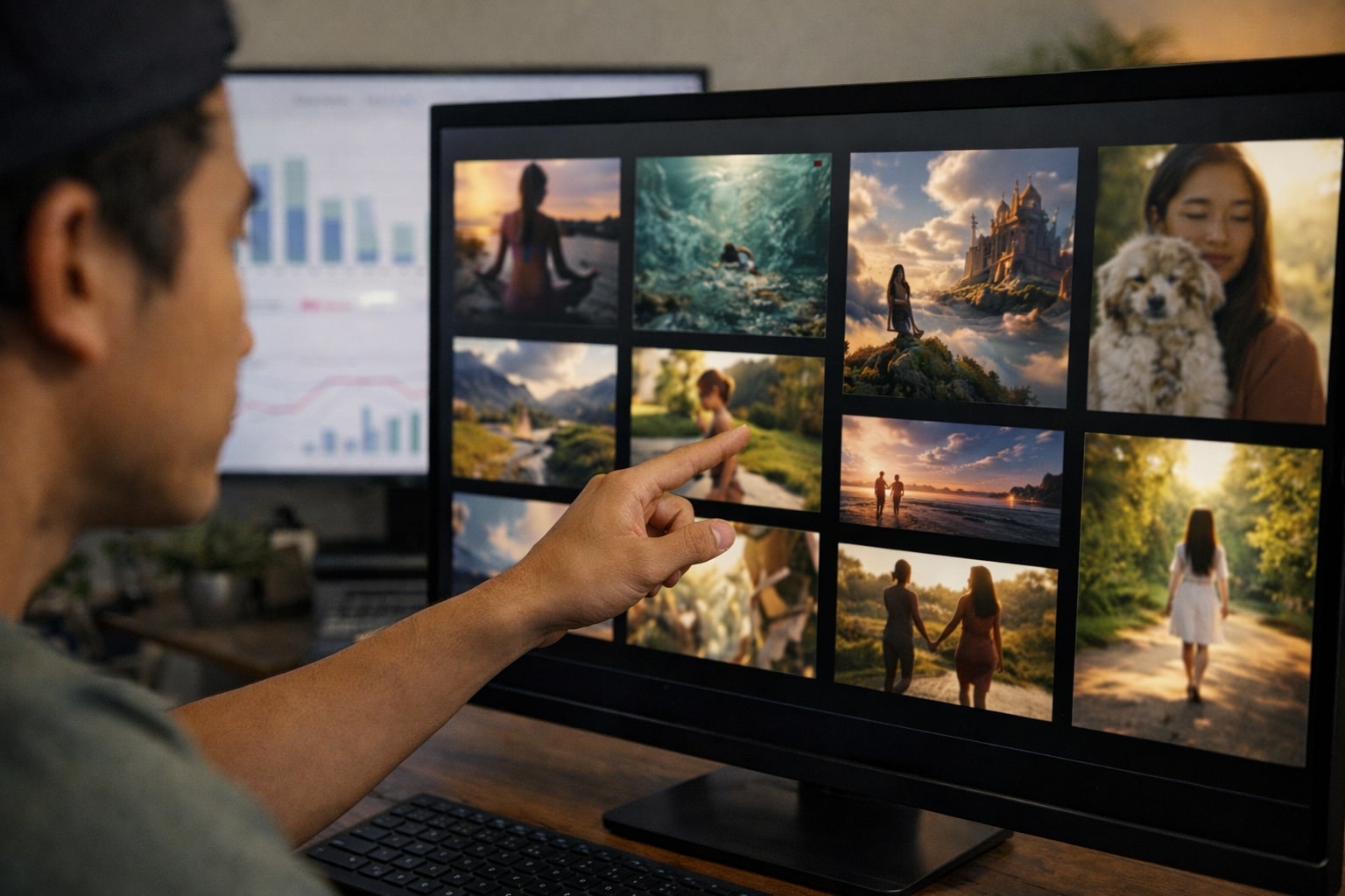 Monitor menampilkan deretan video pendek dengan satu klip AI yang menonjol di antara statistik tayangan