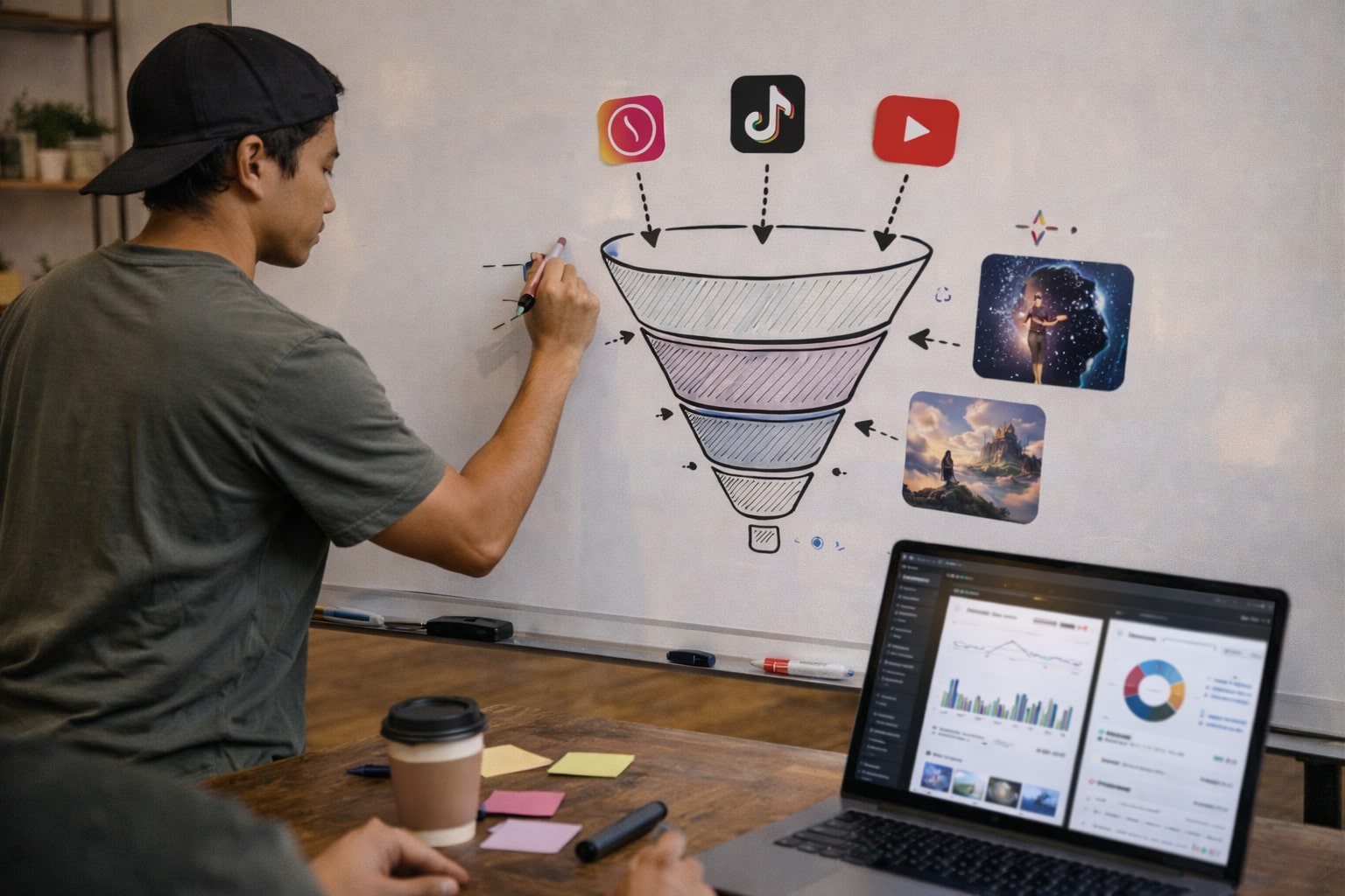 Kreator menyusun strategi video viral dengan diagram dan dashboard performa di layar