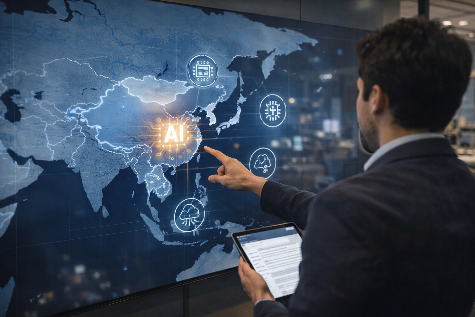 Analis data menunjuk peta dunia digital yang menyorot kawasan Tiongkok dan ikon AI