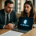 Technology lawyer and marketing lead reviewing AI voice cloning consent documents and ElevenLabs compliance requirements on a laptop in 2025