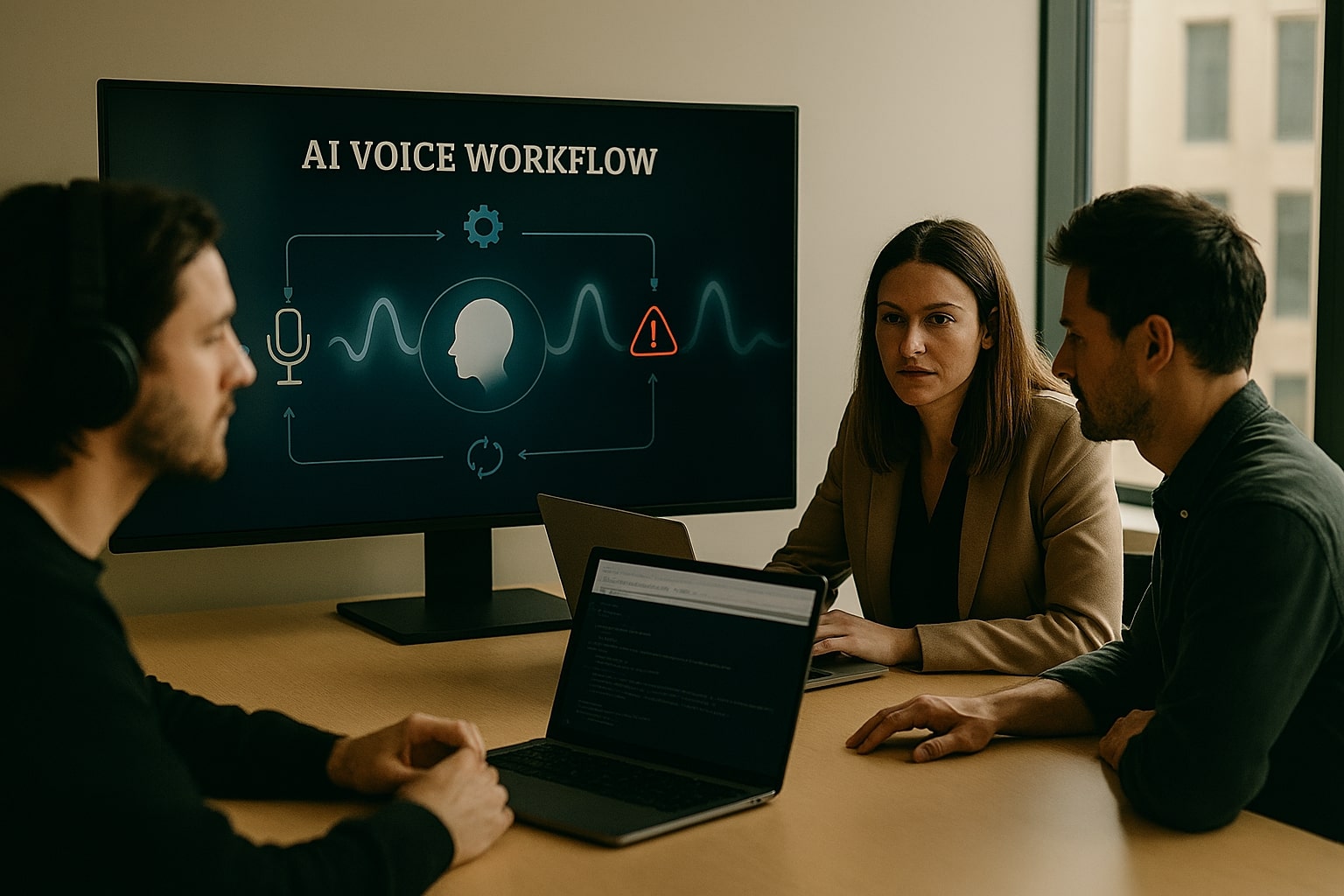 Team of a creator, agency strategist, and developer discussing an AI voice workflow on a large screen