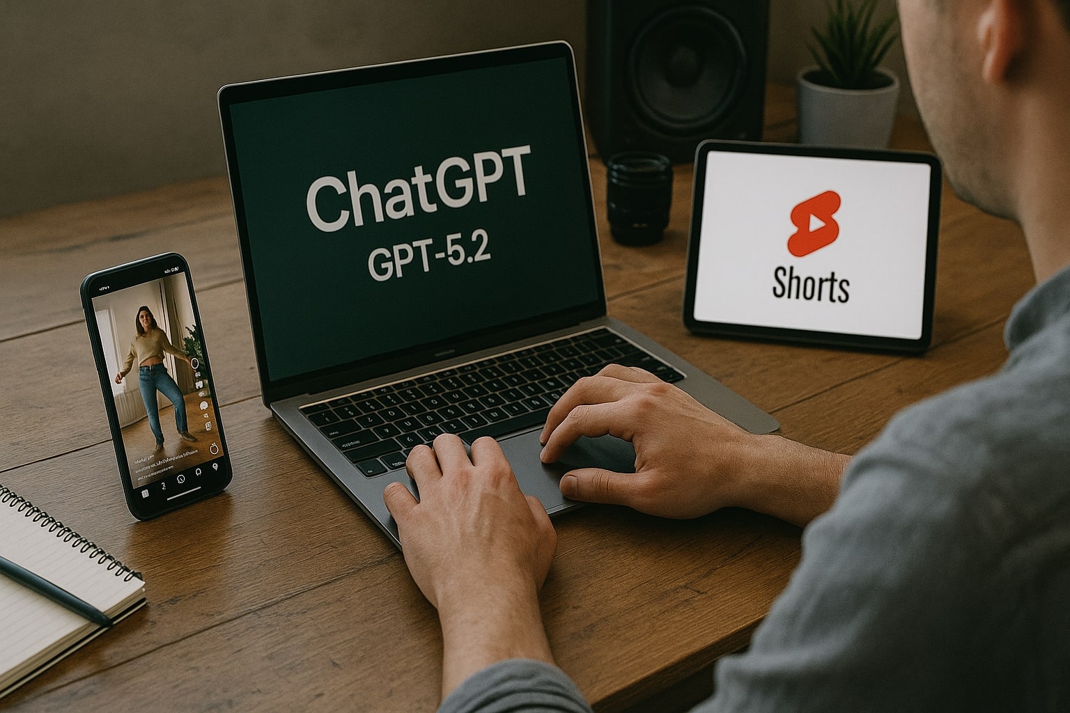 Creator works across GPT-5.2, Instagram Reels, and YouTube Shorts on multiple devices