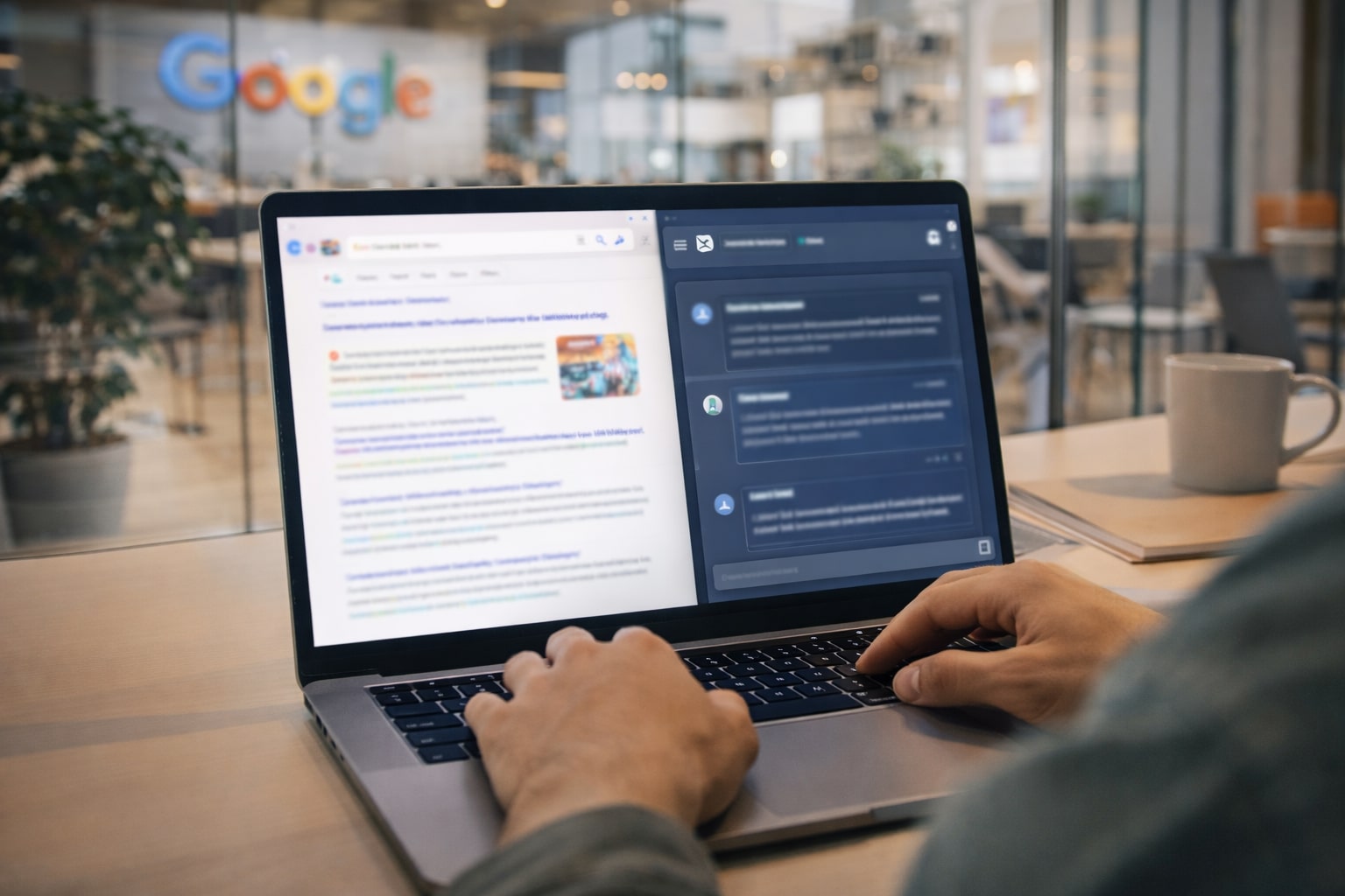 Pengguna membandingkan hasil AI di layar laptop dengan tampilan mirip mesin pencari dan chat