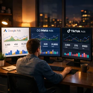 Seorang performance marketer membandingkan dashboard Google Ads, Meta Ads, dan TikTok Ads di kantor modern