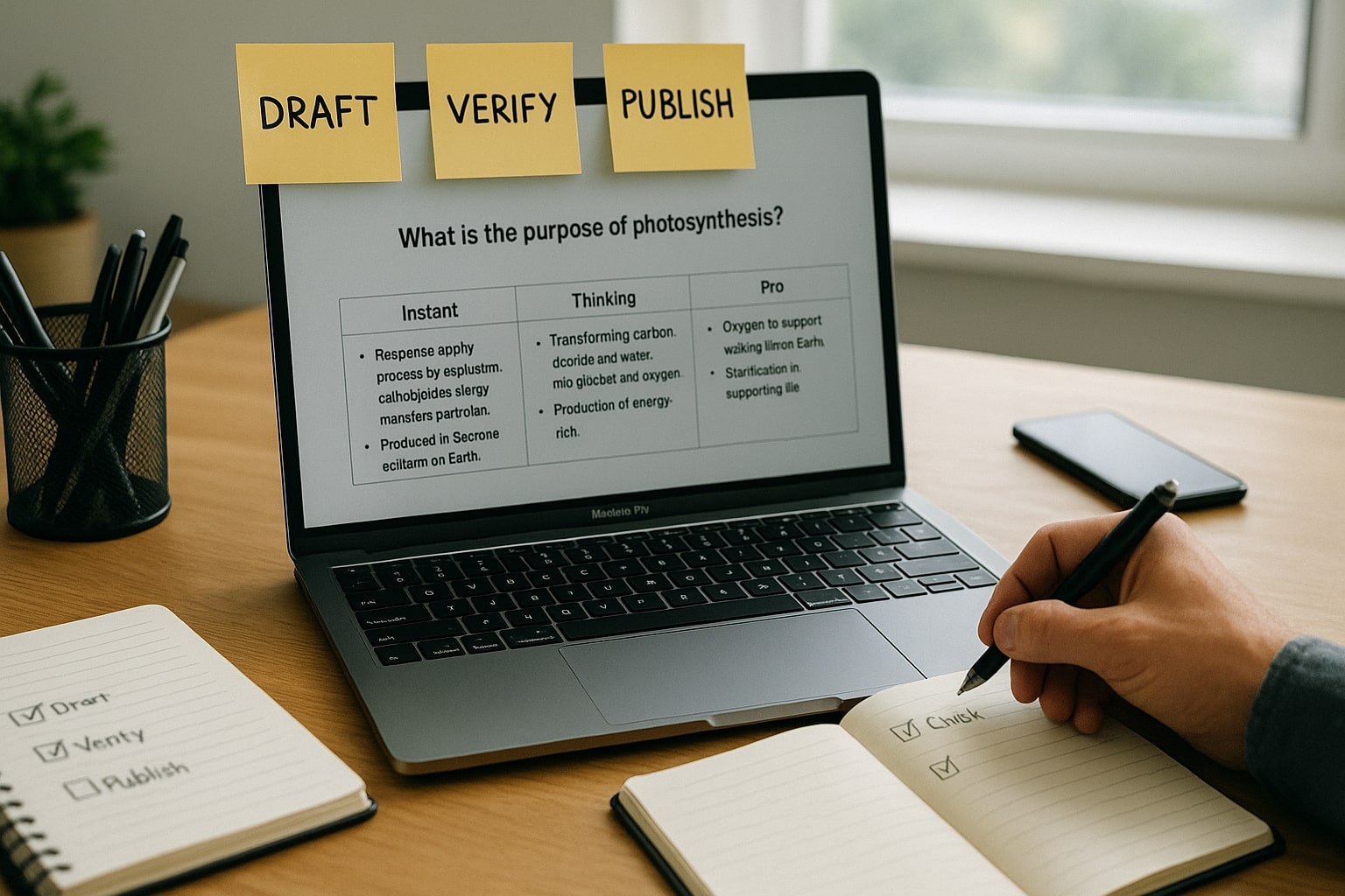 Draft-verify-publish workflow notes beside a laptop with structured GPT output