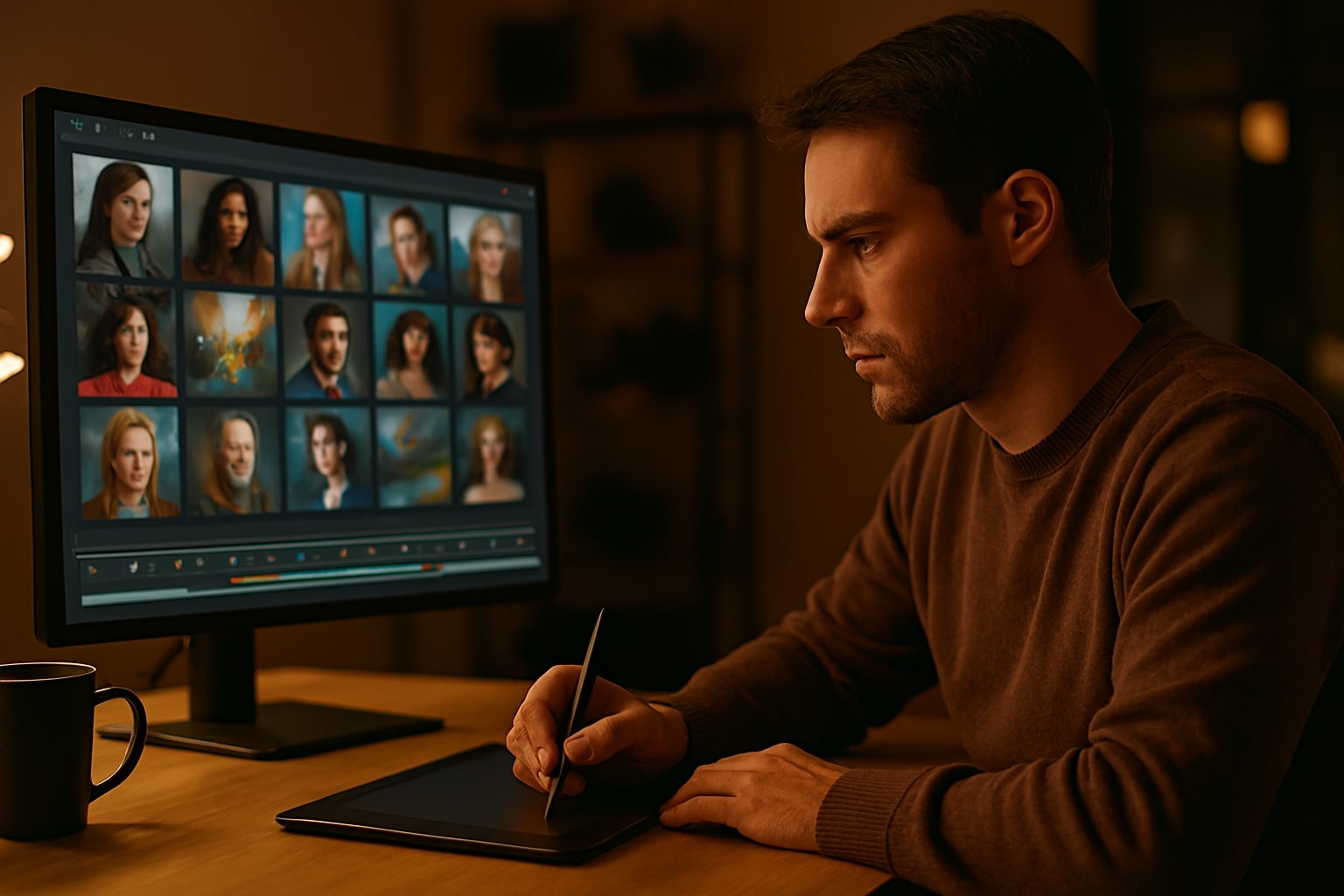Desainer kreatif bekerja di studio dengan layar menampilkan gambar dan video hasil AI