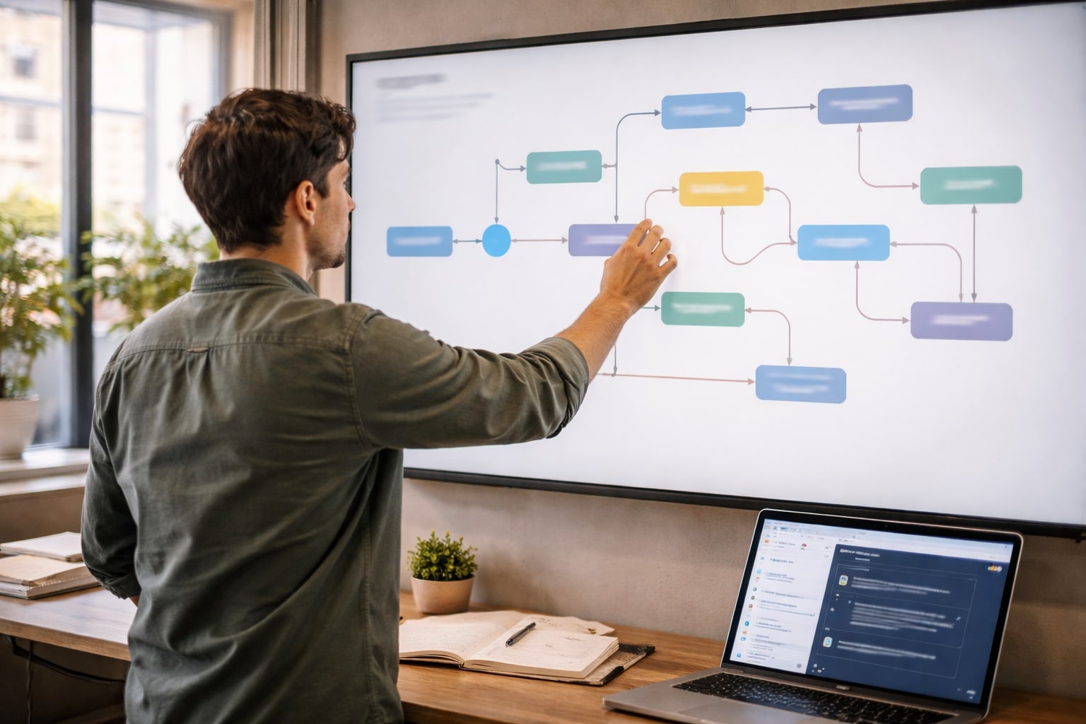 Manajer produk menyusun workflow agen AI di layar sentuh besar