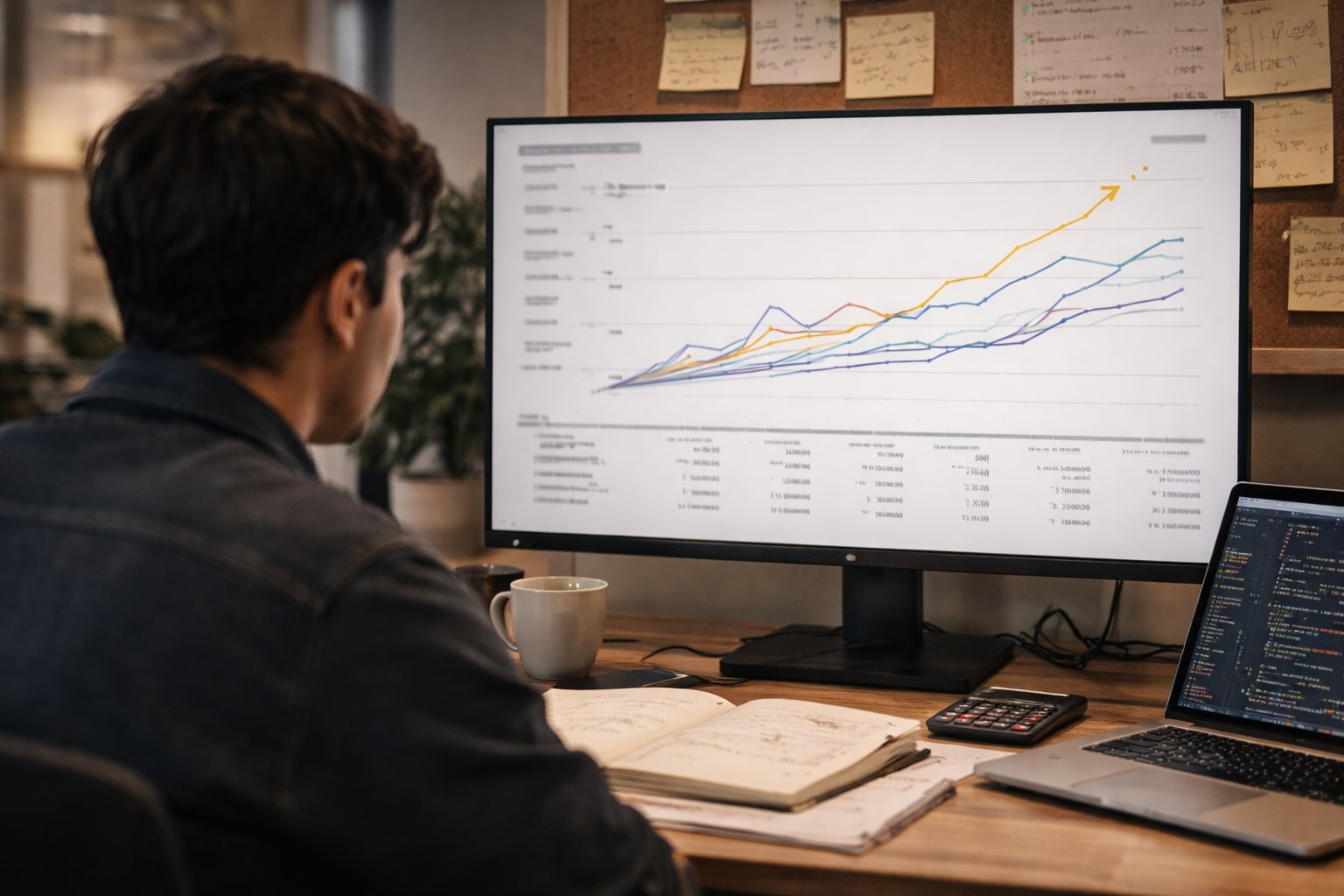 Peneliti menganalisis grafik benchmark model AI dengan satu garis performa unggul