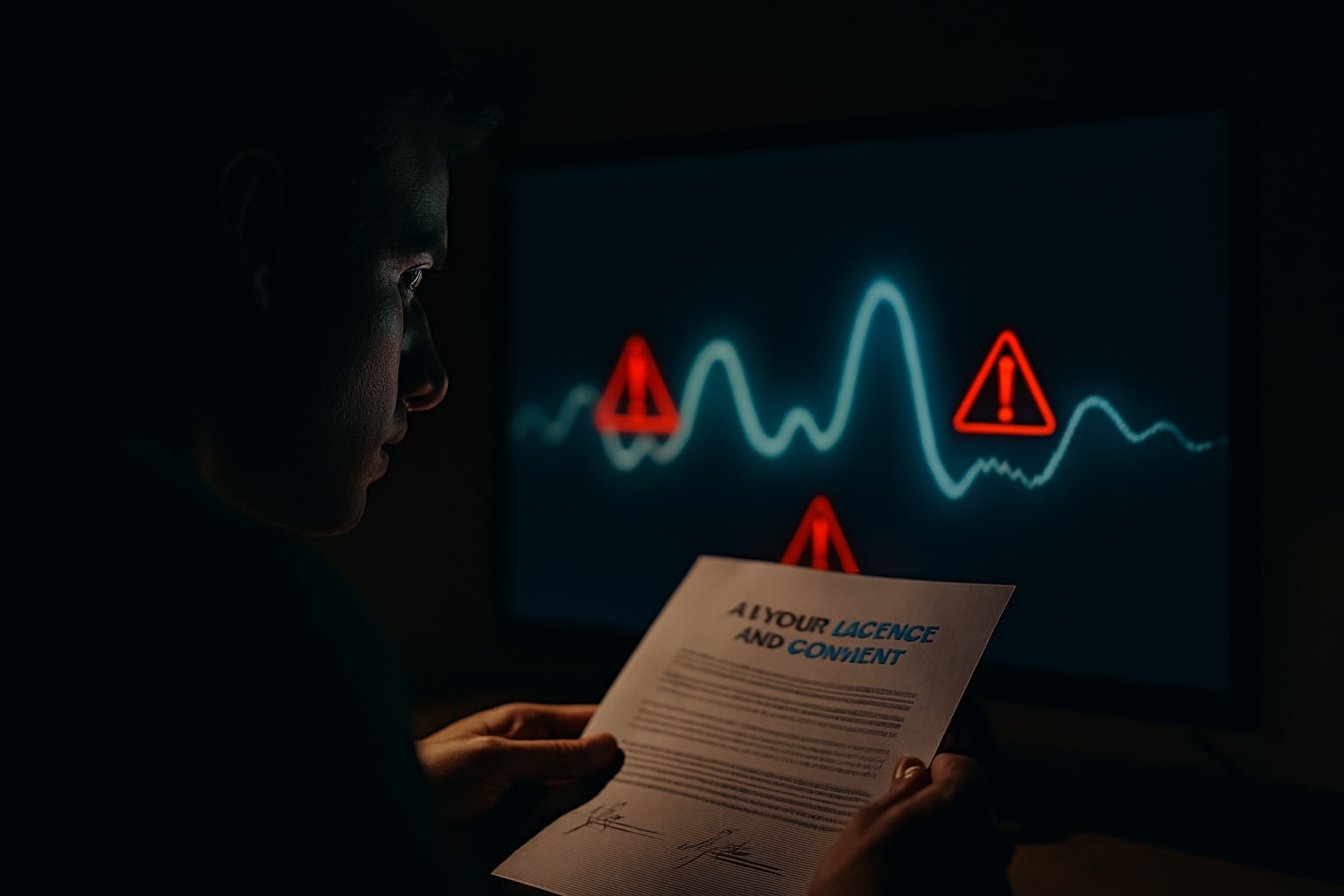 Person in a dim office looking at a monitor with warning icons over an audio waveform representing risky AI voice use cases