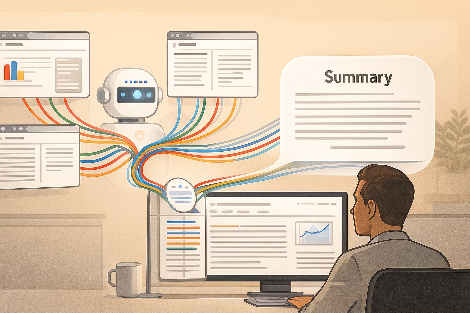 Illustration of AI combining several articles into one overview summary