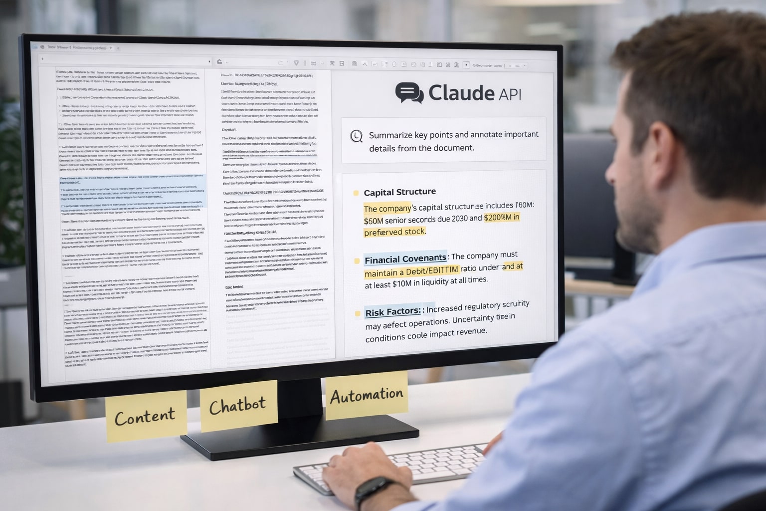 Analis melihat rangkuman dokumen panjang yang dihasilkan oleh Claude API di layar besar