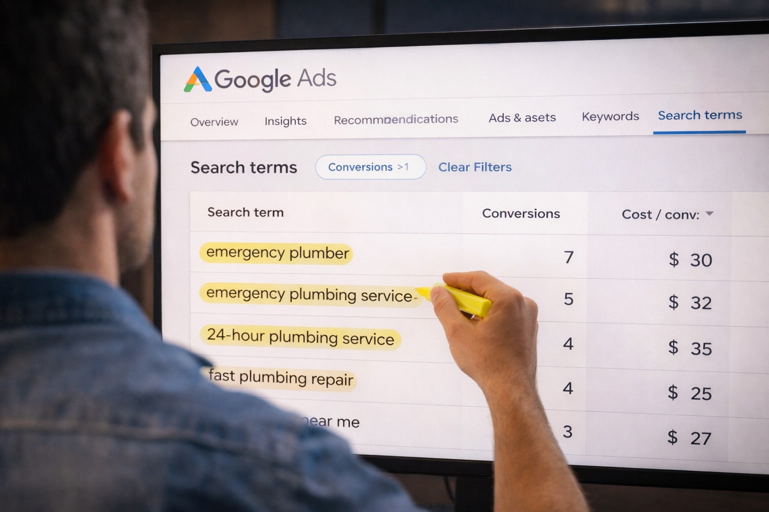 Marketer menandai keyword niat beli tinggi di dashboard Google Ads