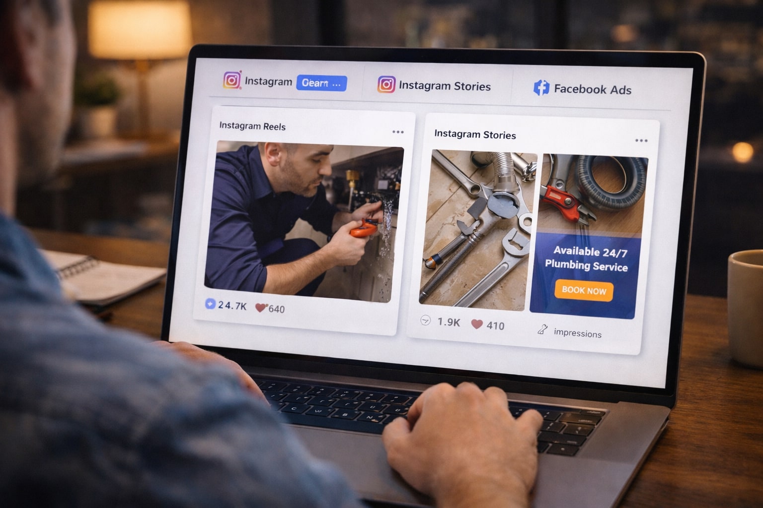 Seorang social media marketer mengecek kreatif iklan Meta Ads berupa Reels dan Stories di laptop