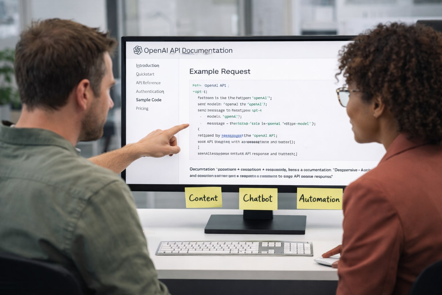 Developer dan marketer mendiskusikan penggunaan OpenAI API dengan dokumentasi terbuka di layar