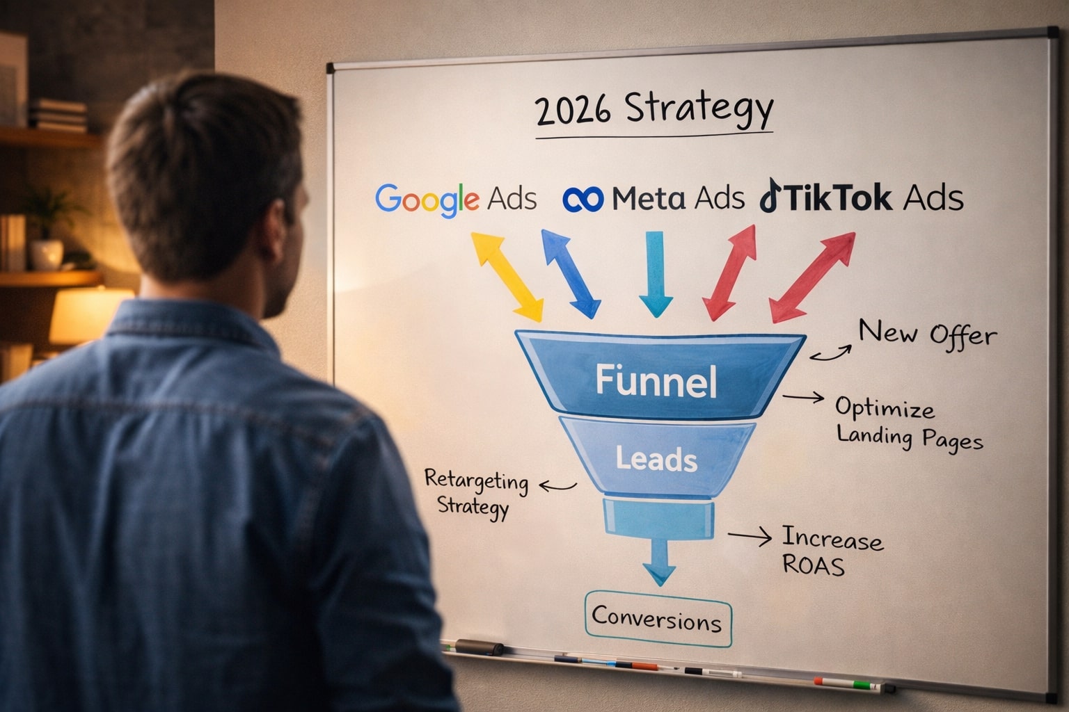 Pemilik bisnis melihat diagram funnel yang membandingkan Google Ads, Meta Ads, dan TikTok Ads untuk tahun 2026