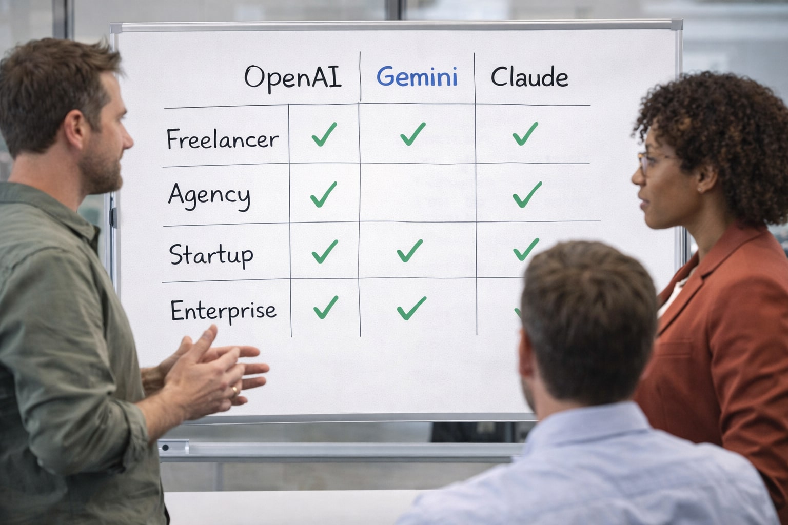 Tim mendiskusikan matriks pemilihan API AI berdasarkan jenis bisnis dan skala organisasi