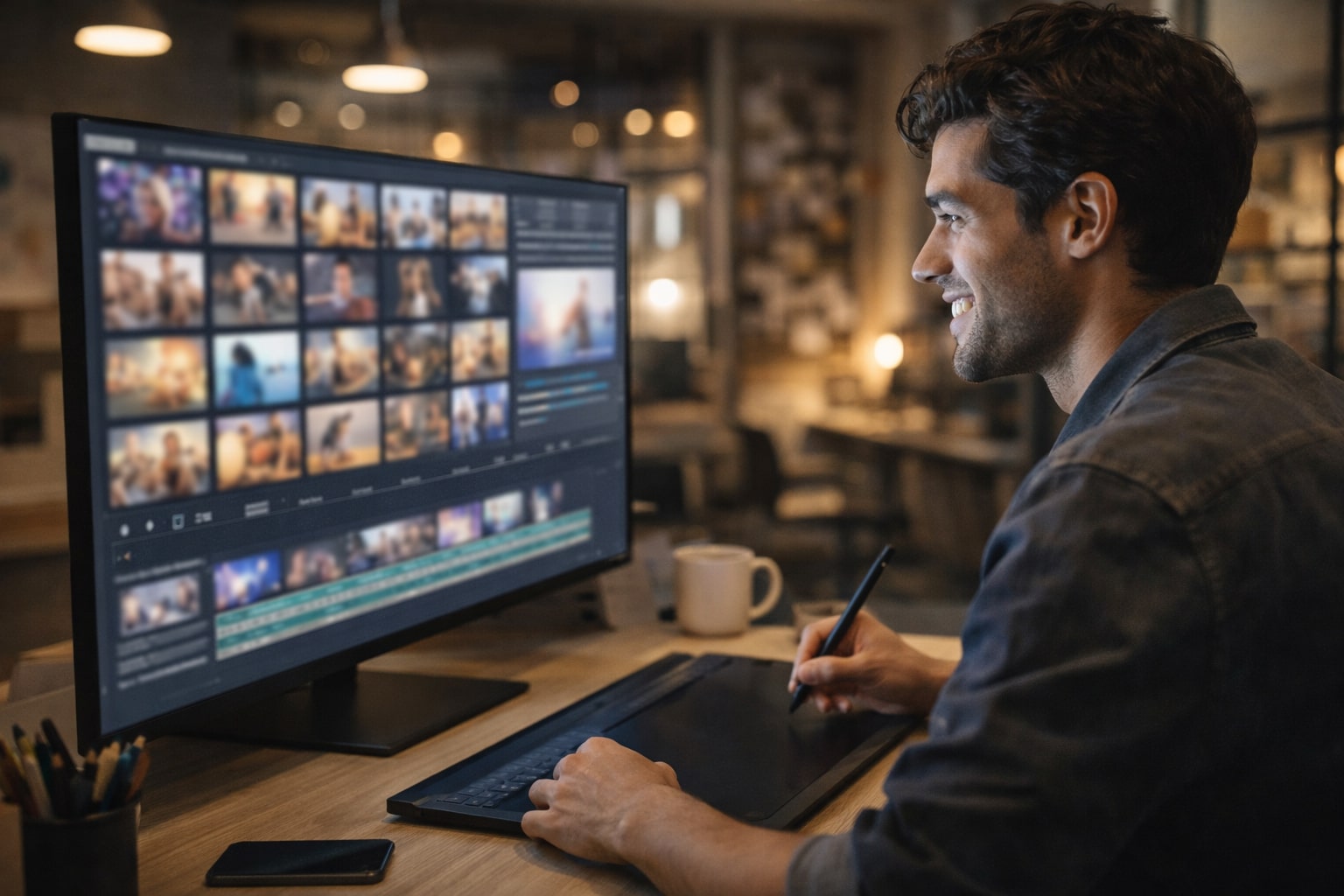 Insinyur memantau dashboard pembuatan data sintetis di lab komputasi dengan rak server GPU