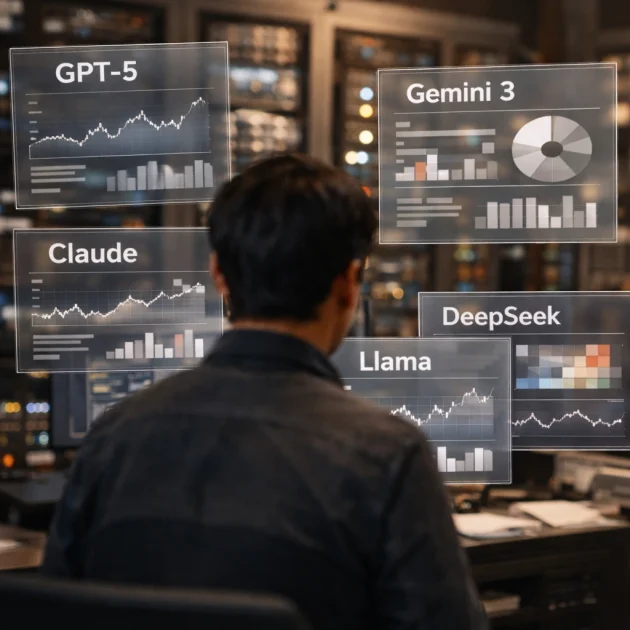 Lanskap global peristiwa AI 2025 dengan layar data, model bahasa besar, dan deretan data center