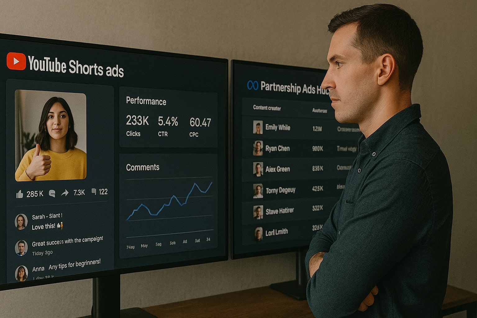 Marketer reviews YouTube Shorts ad comments and Meta partnership ads dashboards