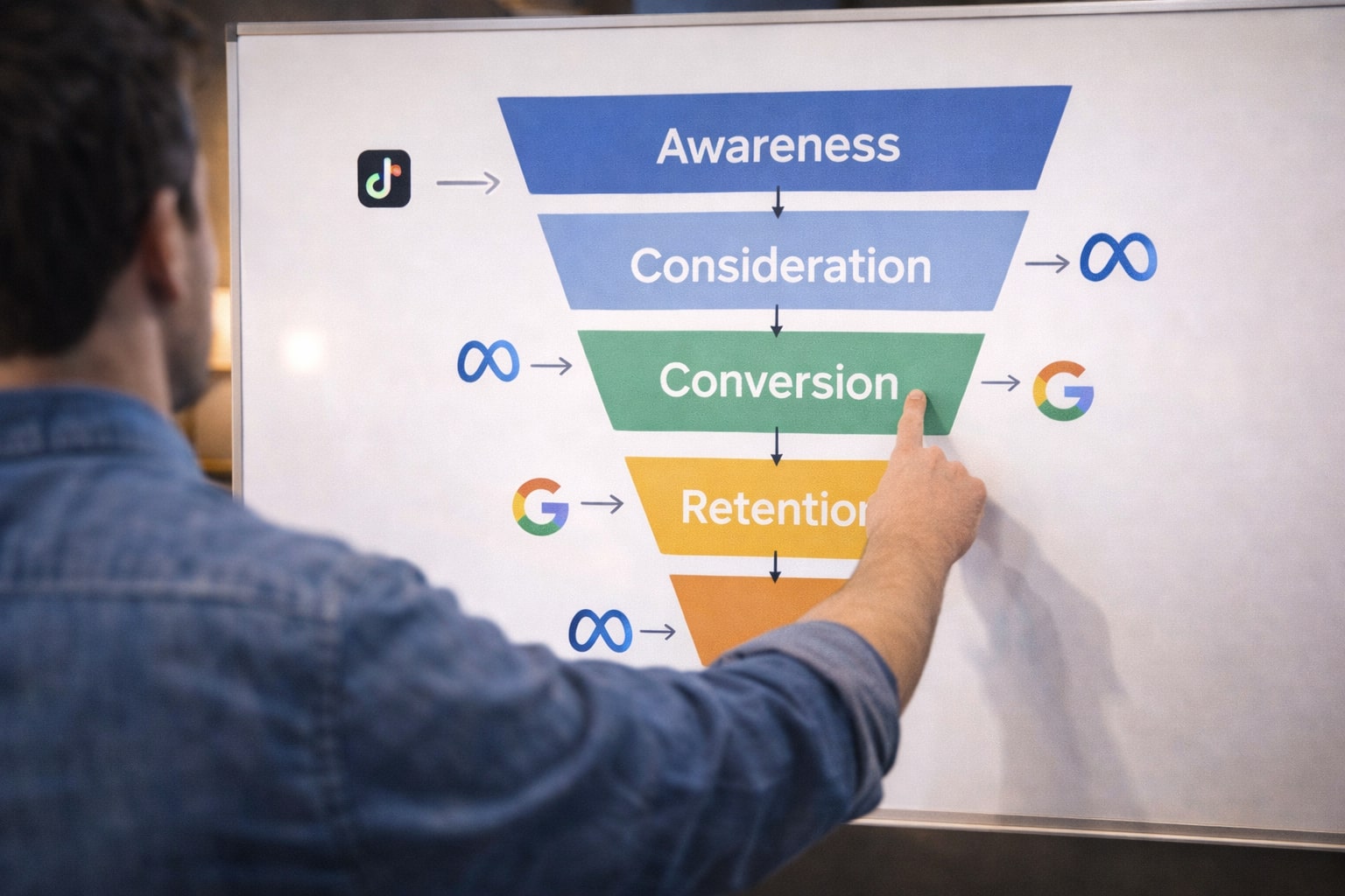 Diagram funnel yang menempatkan TikTok, Meta, dan Google di tahap yang berbeda