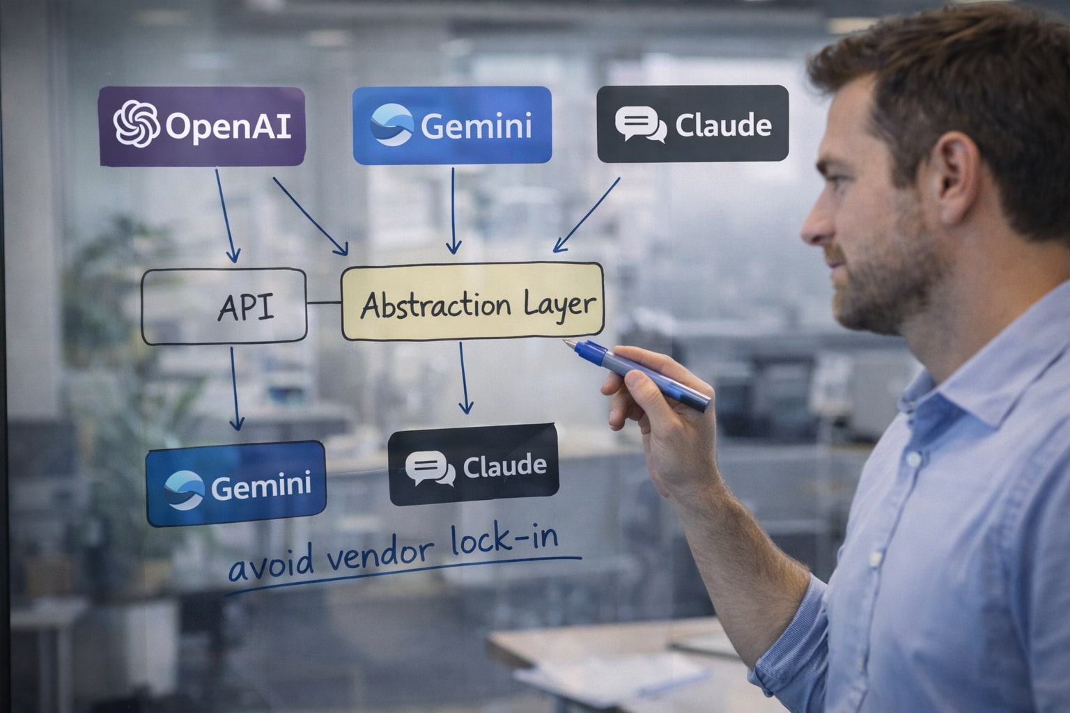 Arsitek sistem menggambar diagram multi-provider API dengan catatan mengurangi risiko vendor lock-in