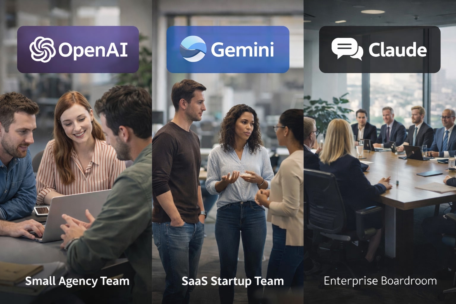 Tiga ilustrasi skenario berbeda: agency kecil, startup SaaS, dan perusahaan besar dengan pilihan API AI yang berbeda