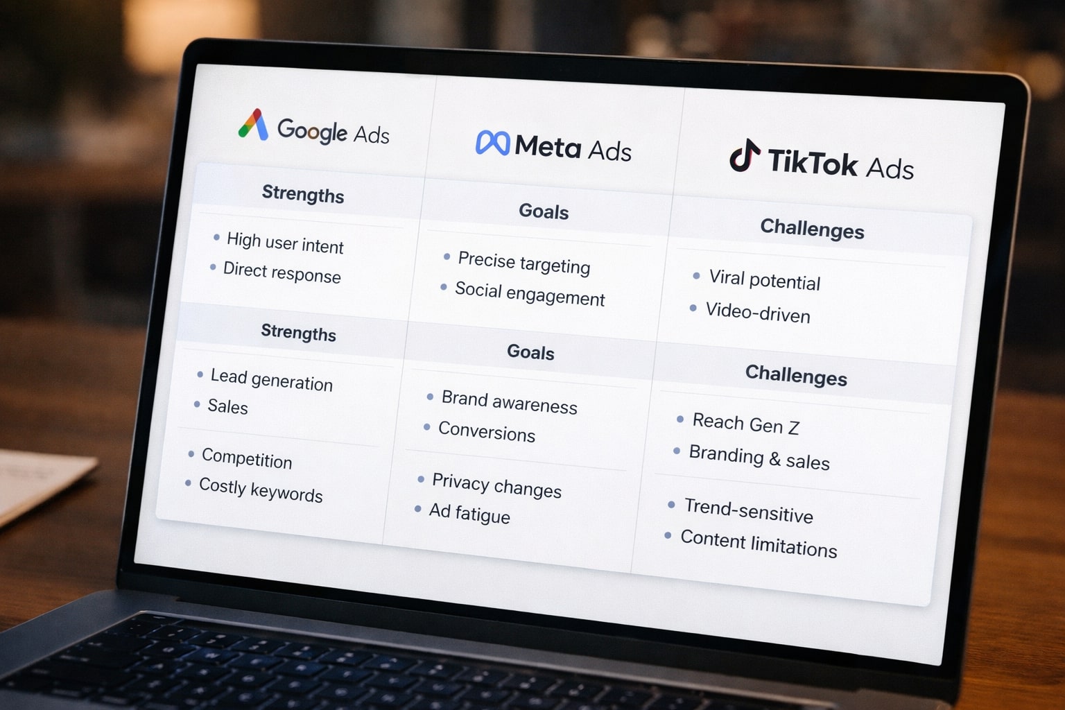 Tabel perbandingan Google Ads, Meta Ads, dan TikTok Ads tampil di layar laptop