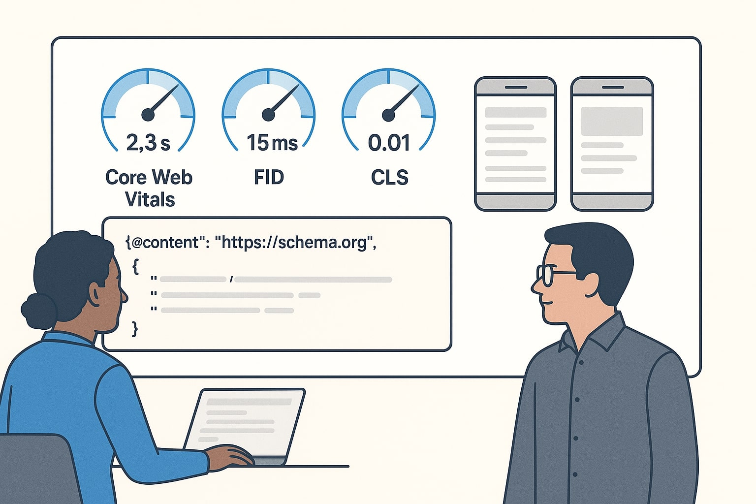 Team reviewing page speed, schema and mobile previews for technical SEO