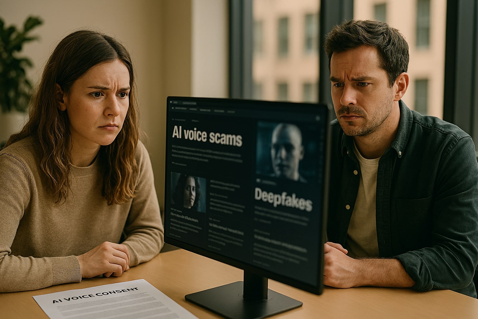 Creator and startup founder looking at AI voice scam and deepfake headlines on a large monitor in an office
