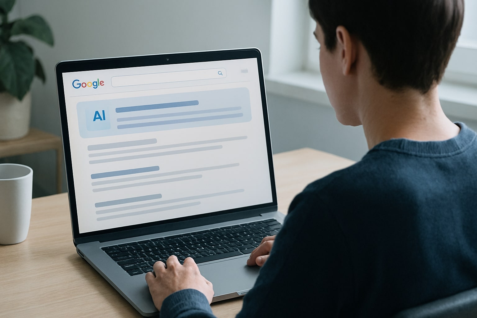 Pengguna melihat tampilan AI Overviews di hasil pencarian Google di layar laptop