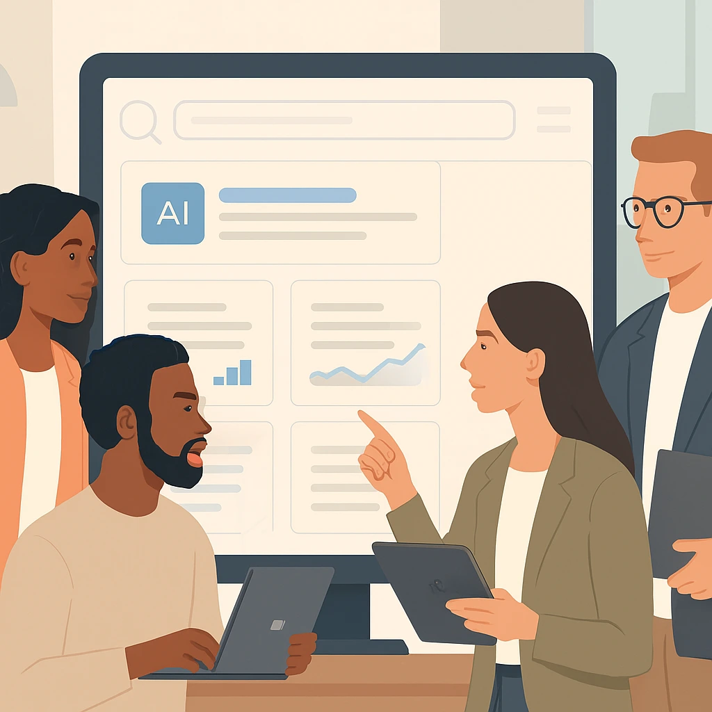 Ilustrasi marketer menganalisis AI Overviews Google dan trafik website