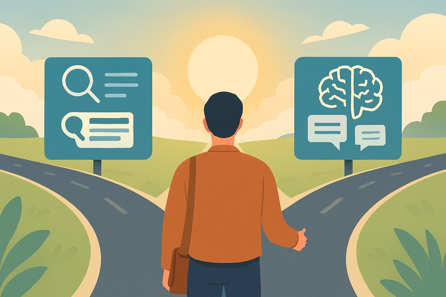 Ilustrasi masa depan SEO yang memadukan pencarian klasik dan Search AI