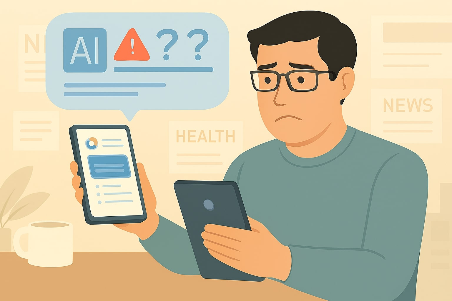 Ilustrasi pengguna khawatir membaca ringkasan AI yang berisi informasi kesehatan berisiko