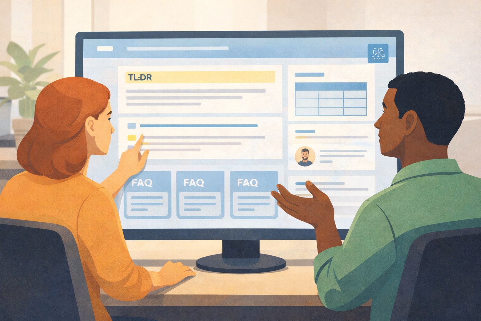 Designer and SEO specialist building a page layout tailored for AI Overviews