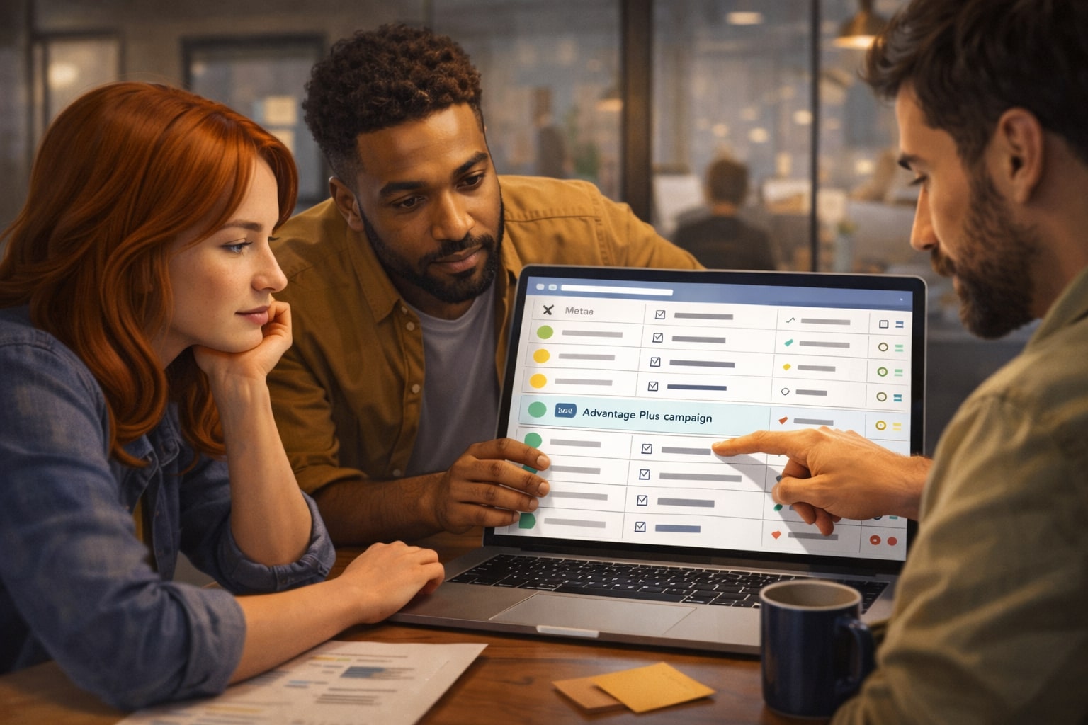 Marketing team reviewing a Meta Ads 2026 checklist template on a laptop together