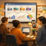 Marketing team planning Meta Ads creative strategy 2026 with UGC content and performance dashboard