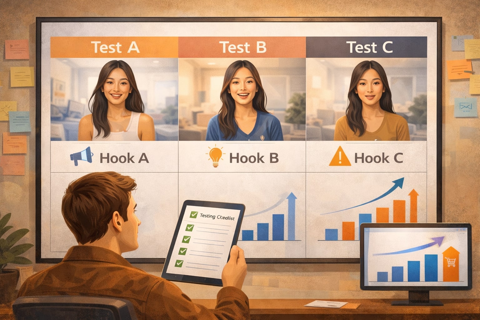 Marketer running split tests on multiple UGC hooks for Meta Ads in 2026