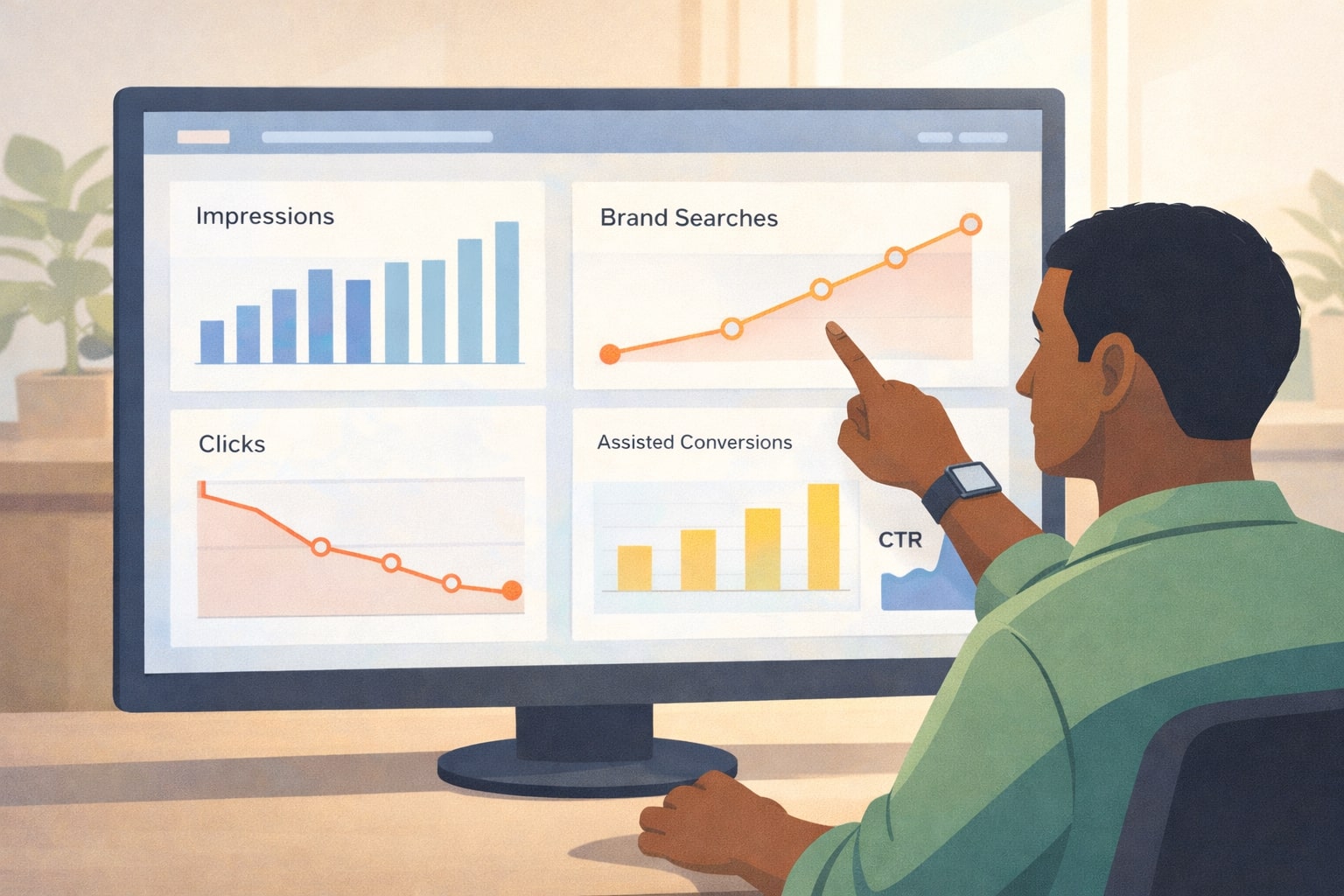 Marketer reviewing dashboards that show changing KPIs in the AI Overviews era