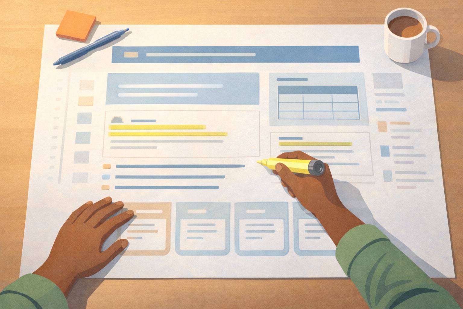 Content strategist reviewing a structured blueprint of a reference quality article