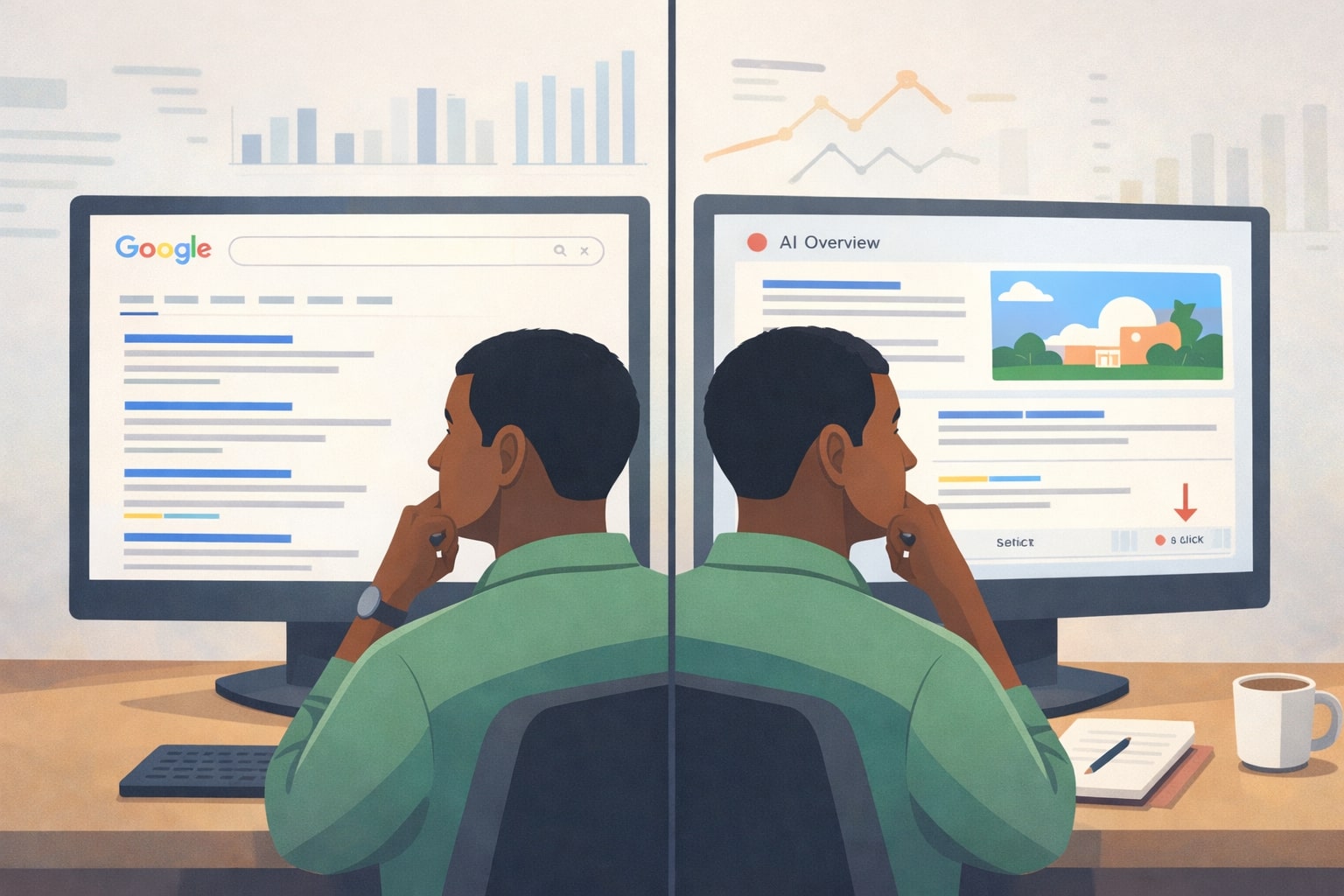 Comparison of classic search results and AI Overviews era results on a strategist’s screen