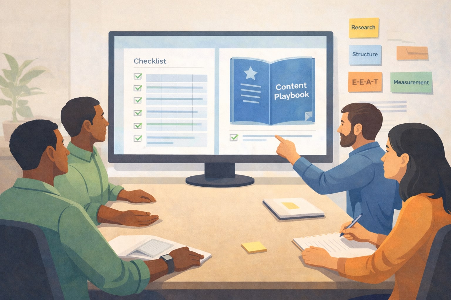 SEO and content team using a shared checklist to plan AI Overviews ready pages